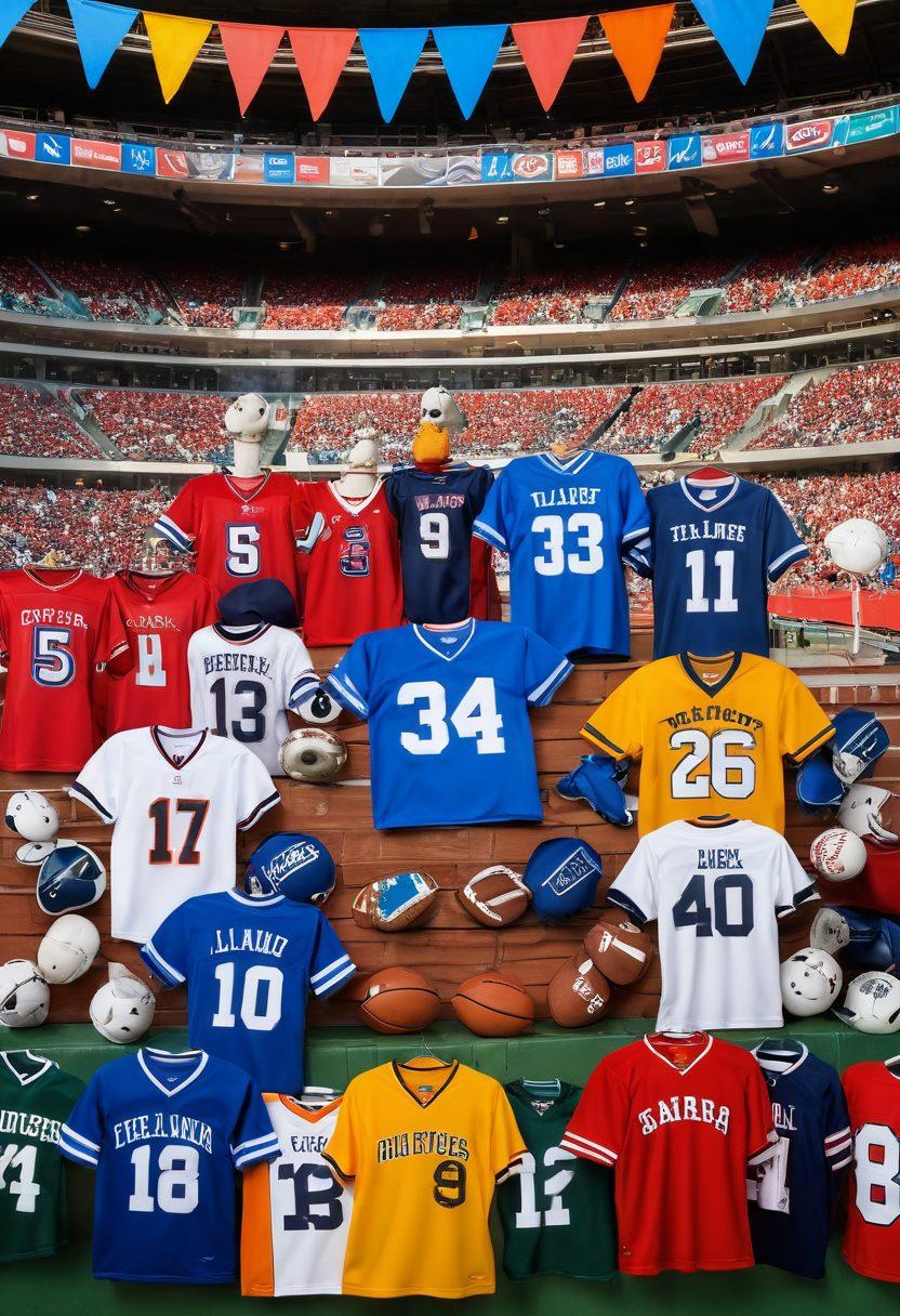 A vibrant display of team spirit items, including colorful jerseys, unique novelty items like foam fingers and plush mascots, set against a dynamic backdrop featuring a sports stadium filled with cheering fans. The scene captures the excitement of game day, incorporating elements like team banners and spirited decorations. This lively composition should evoke feelings of passion and belonging. super-realistic. vibrant colors. 3D.