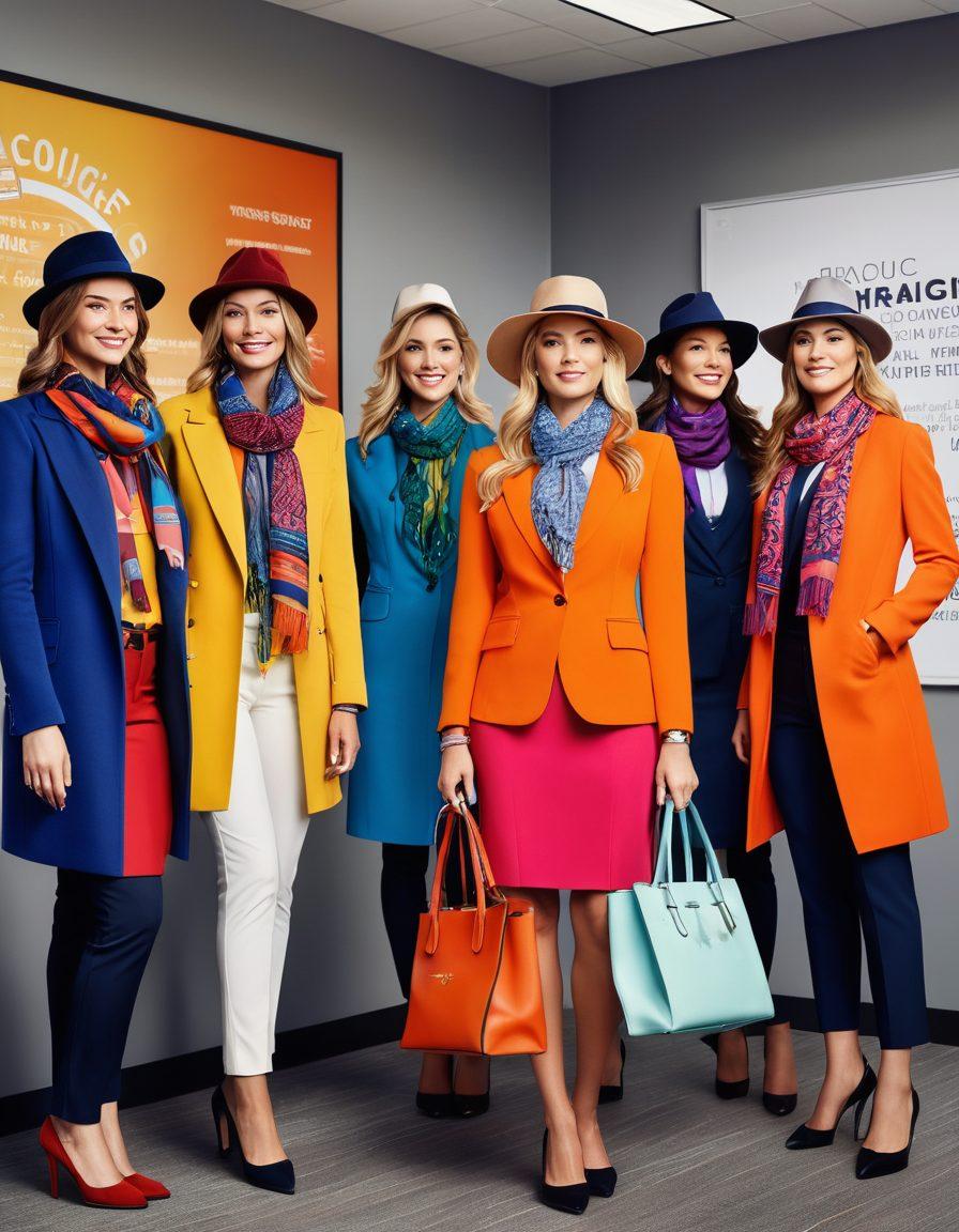 An engaging scene showcasing a diverse group of professionals in stylish team apparel, featuring bright colors and modern designs. Accessories like hats, bags, and scarves complement their outfits, reflecting a spirit of collaboration and confidence. The background hints at an office environment with a motivational quote on a wall. The overall atmosphere is energetic and inspiring. super-realistic. vibrant colors.