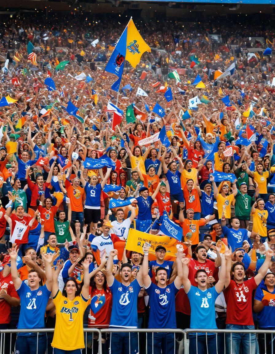 A dynamic scene featuring a diverse group of fans wearing colorful team jerseys, holding flags, and cheering in a vibrant stadium filled with confetti. In the foreground, showcase an array of fan gear, like foam fingers, scarves, and custom merchandise. The atmosphere should be electric, capturing the thrill of team spirit and camaraderie. Bright colors and lively expressions on the fans' faces evoke excitement and passion. super-realistic. vibrant colors. action-packed.